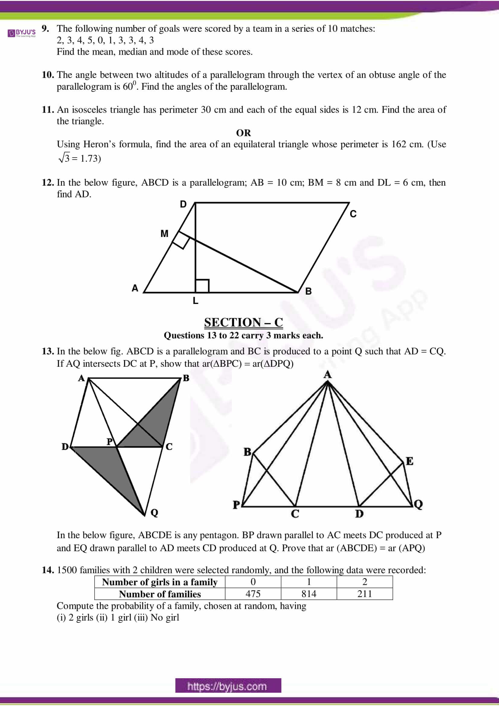 cbse sample paper class 9 maths set 3