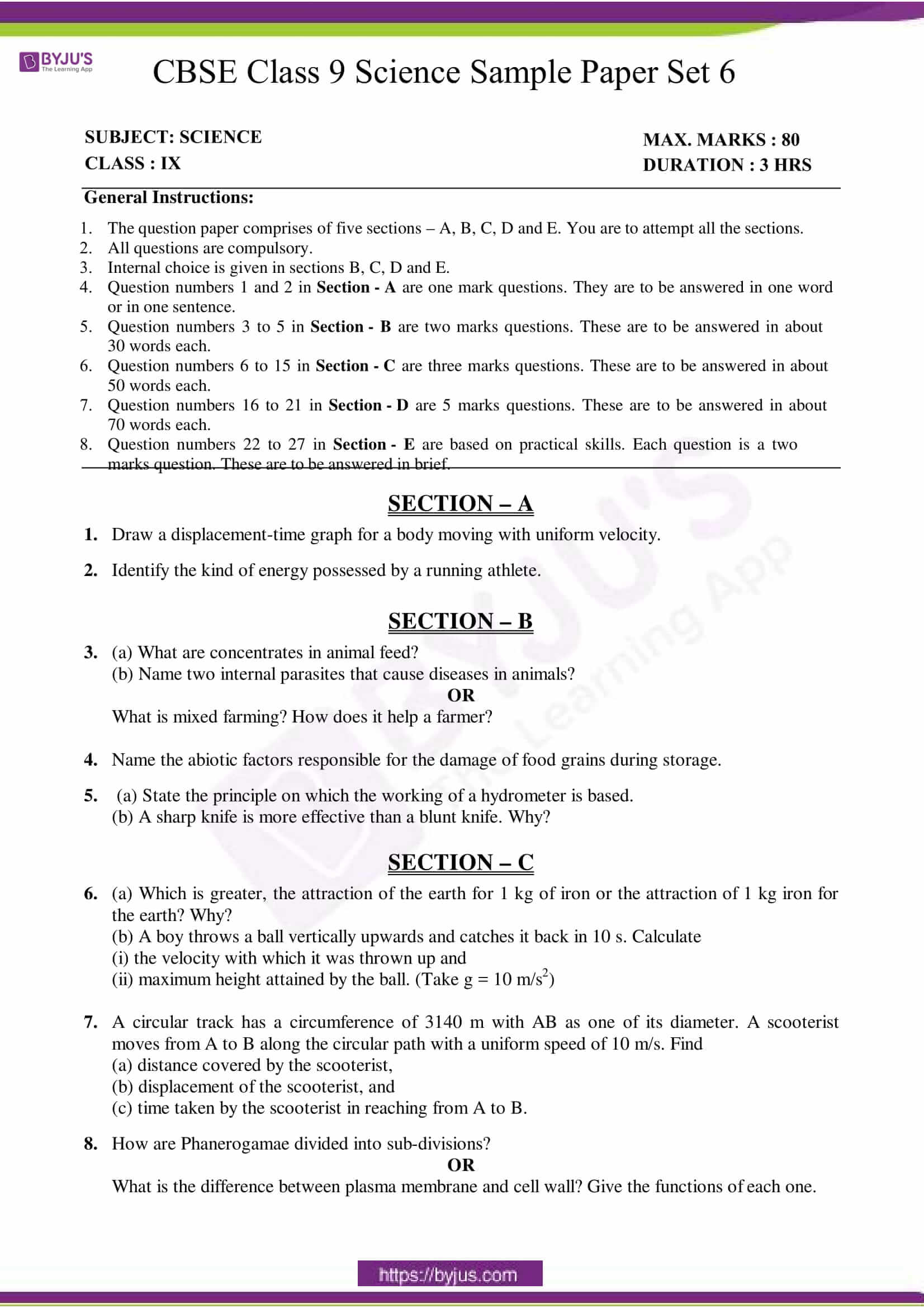 cbse sample paper class 9 science set 6