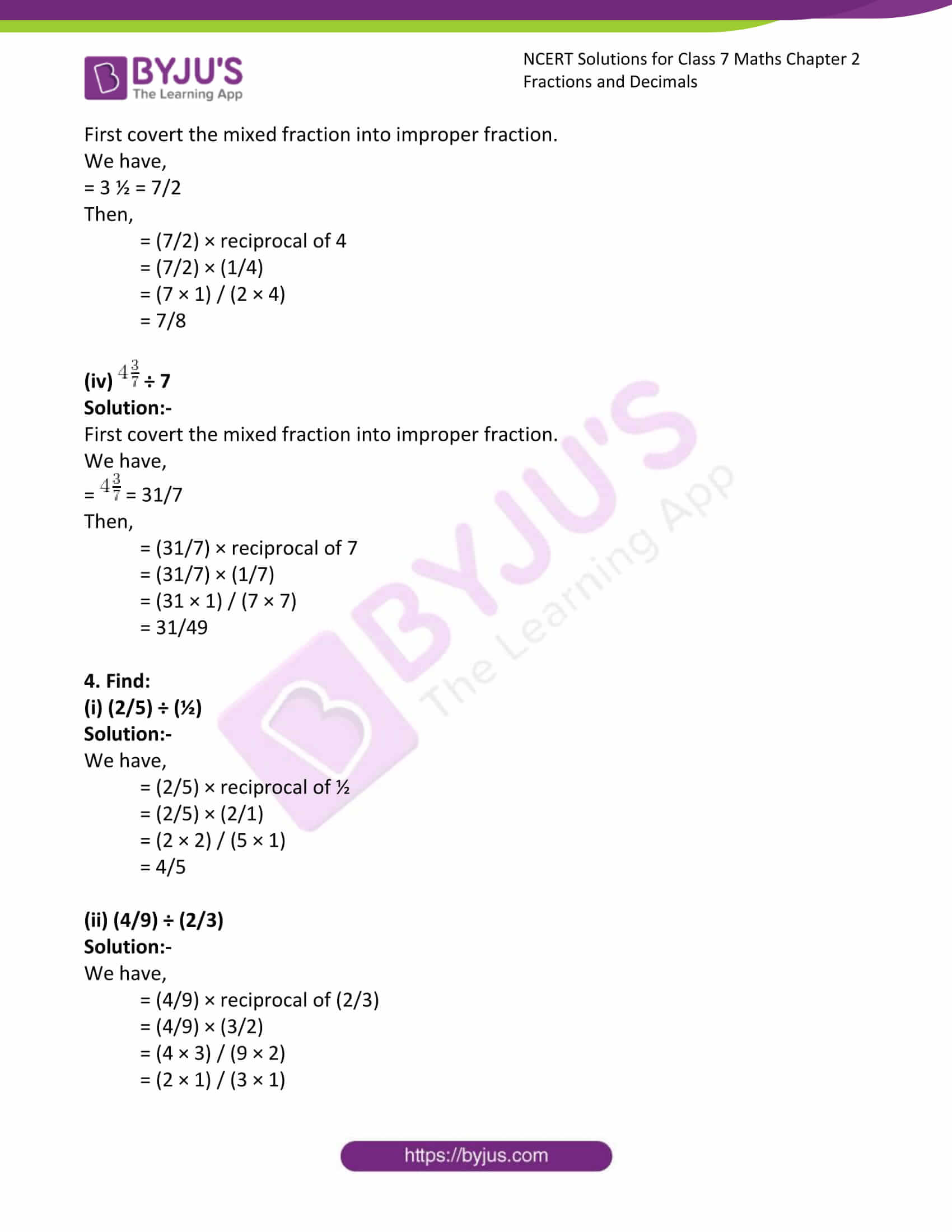 NCERT Solutions for Class 7 Maths Exercise 2.4 Chapter 2 Fractions and ...