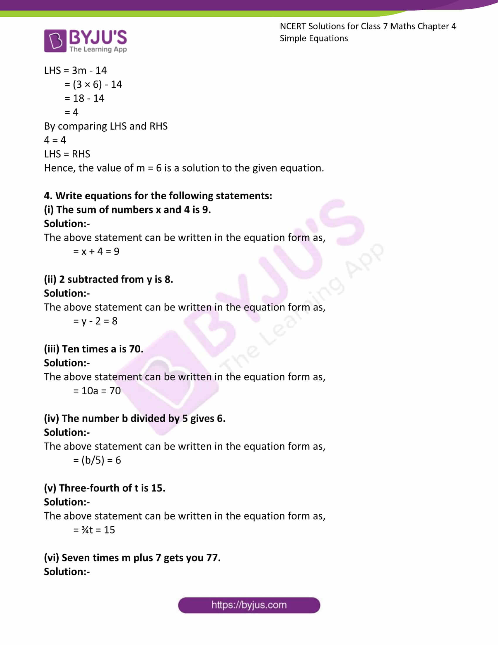 NCERT Solutions for Class 7 Maths Chapter 4 Simple Equations