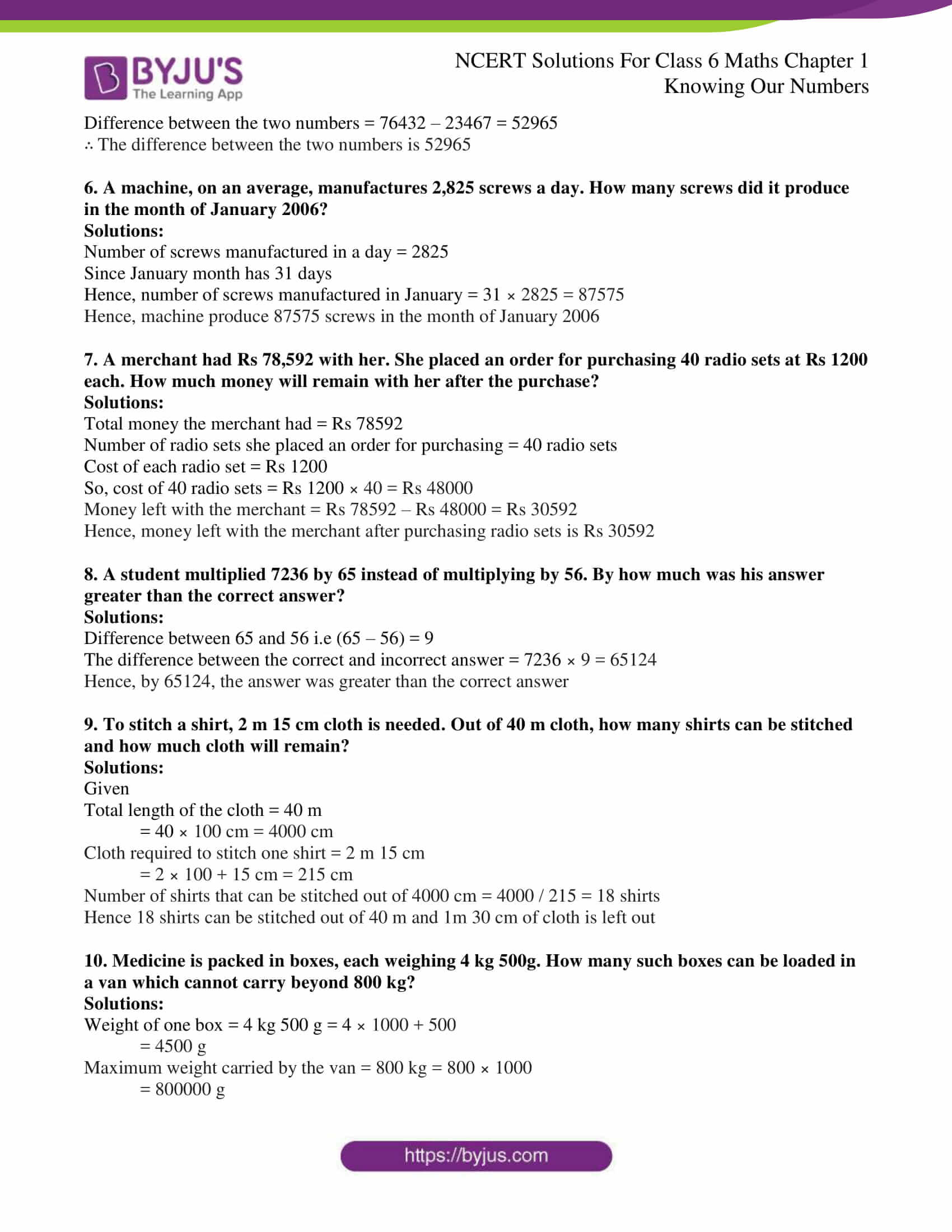 maths homework for class 6