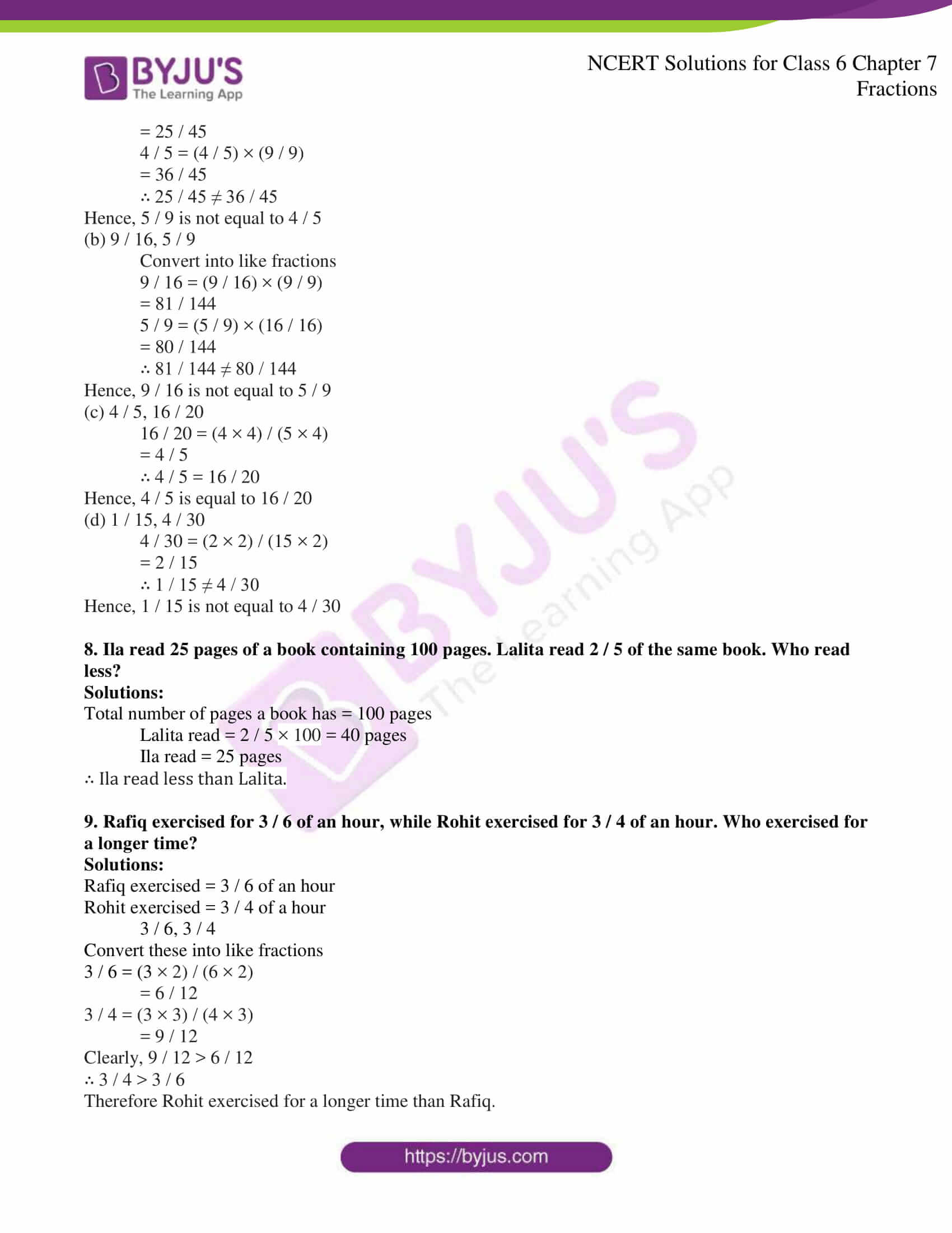 NCERT Solutions for Class 6 Maths Chapter 7 Fractions