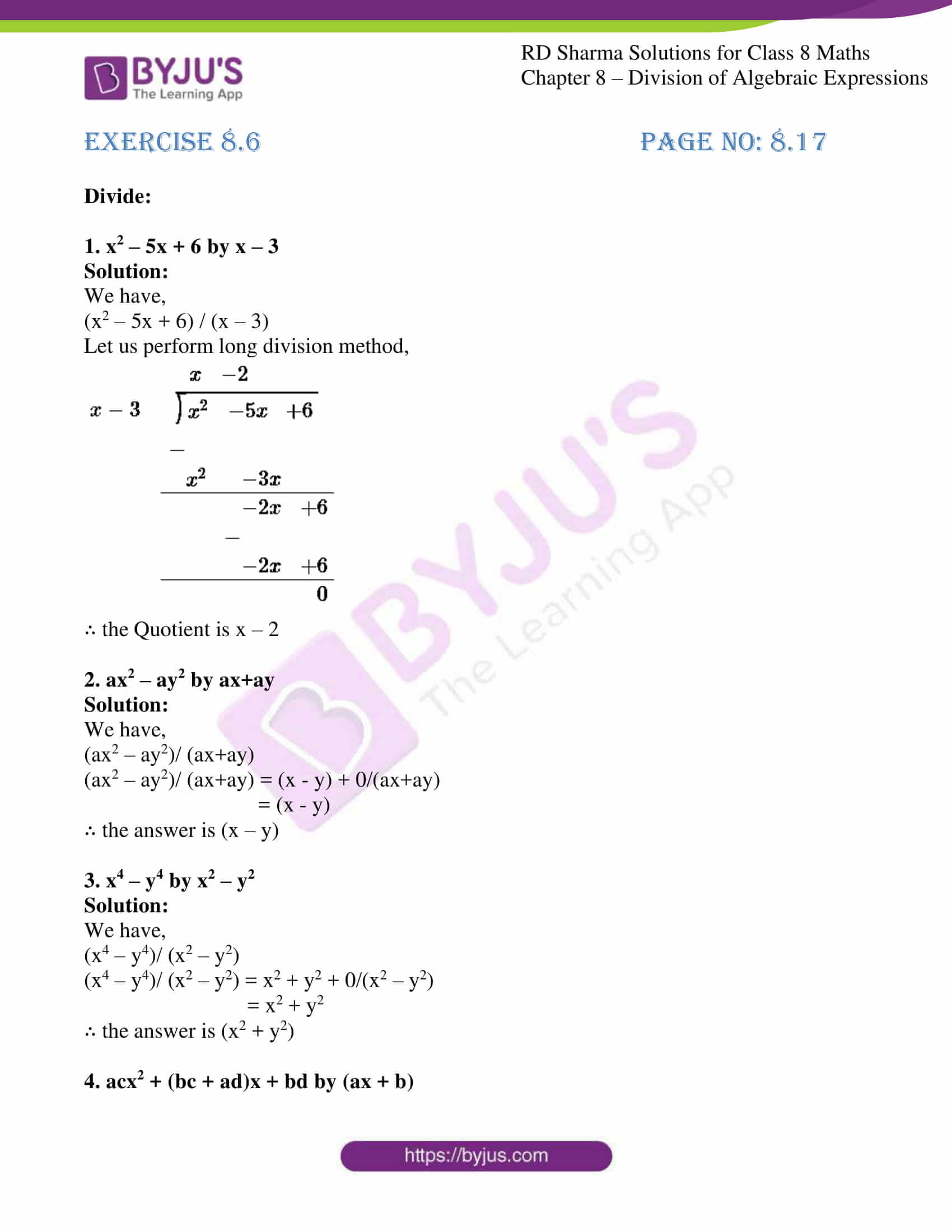 RD Sharma Solutions for Class 8 Chapter 8 Division of Algebraic ...