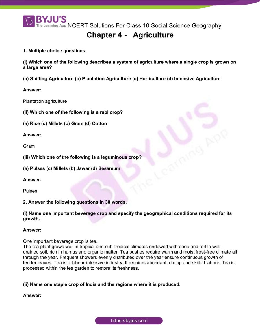 NCERT Solutions Class 10 Social Science Geography Chapter 4 Agriculture