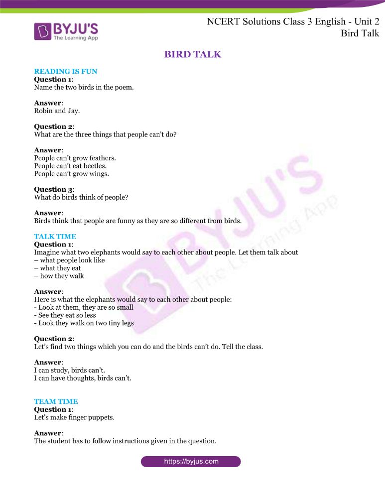 class 3 english unit 2 bird talk question answer