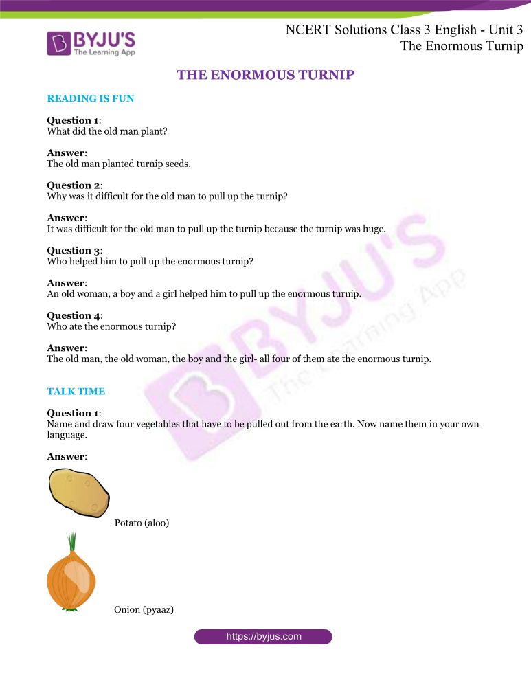 NCERT Solutions Class 3 English Unit 3 The Enormous Turnip NCERT Solutions Class 3 English Unit 3 The Enormous Turnip