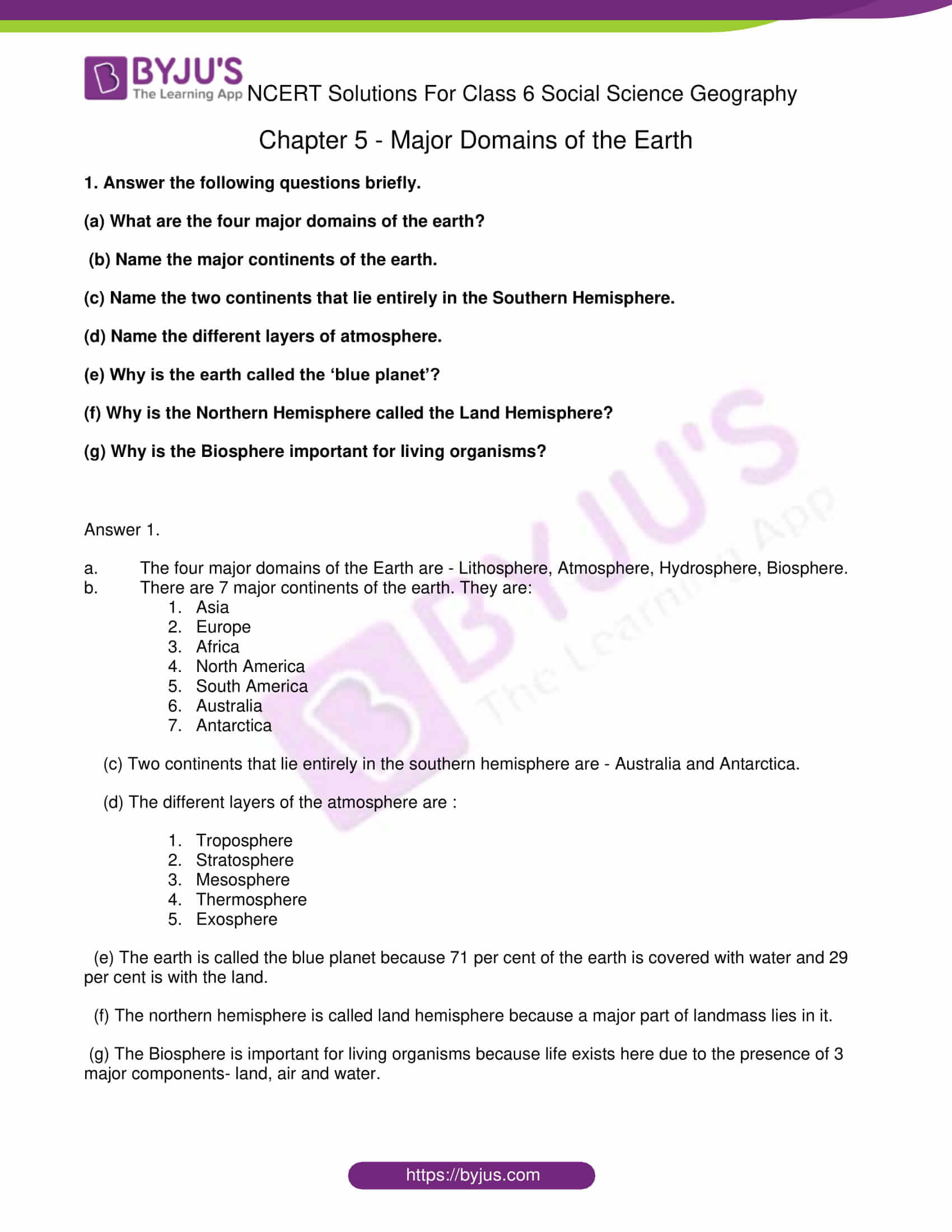 NCERT Solutions For Class 6 Geography Social Science Chapter 5 Major