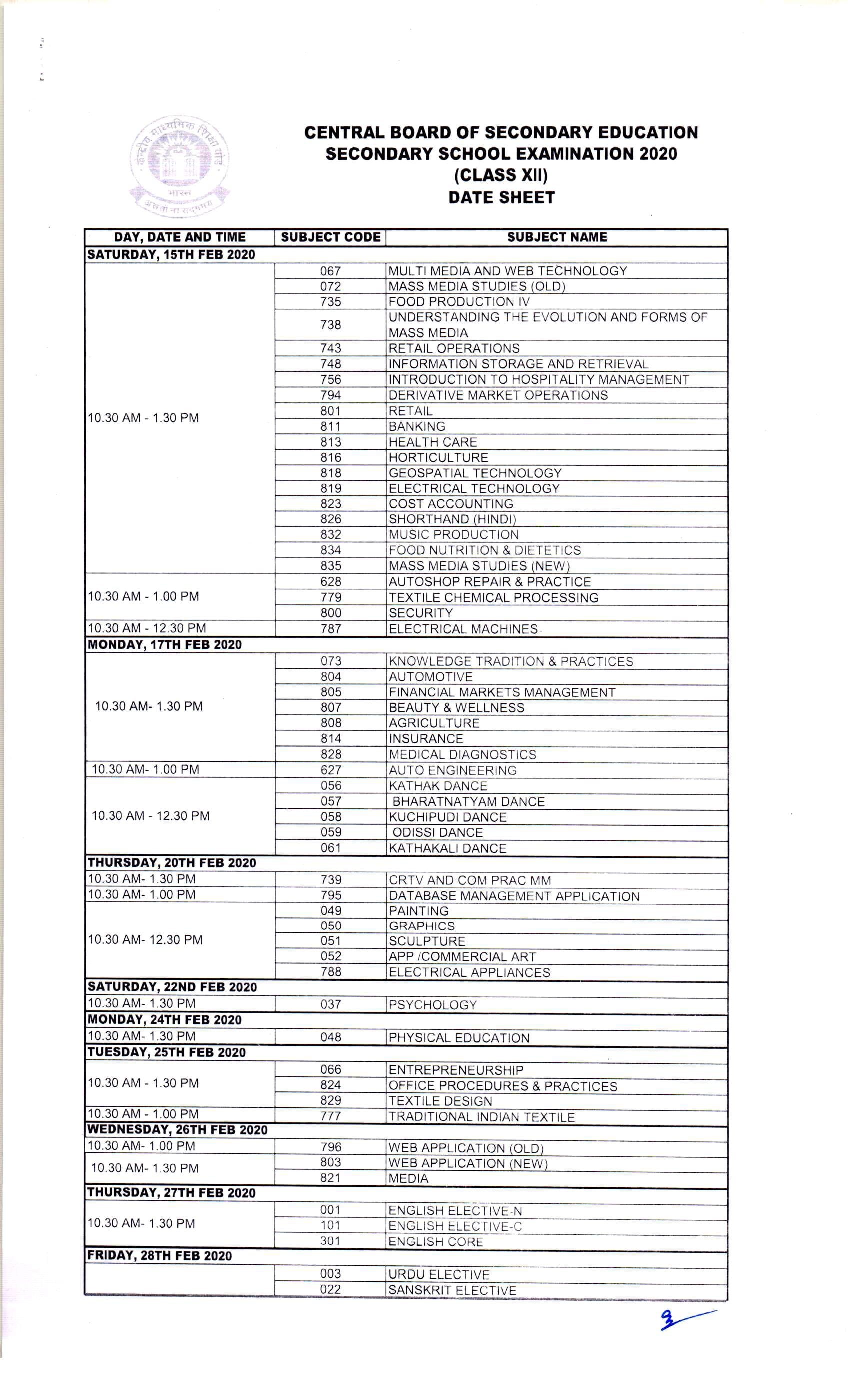 Cbse Class 12 Date Sheet 2024 Science Stream