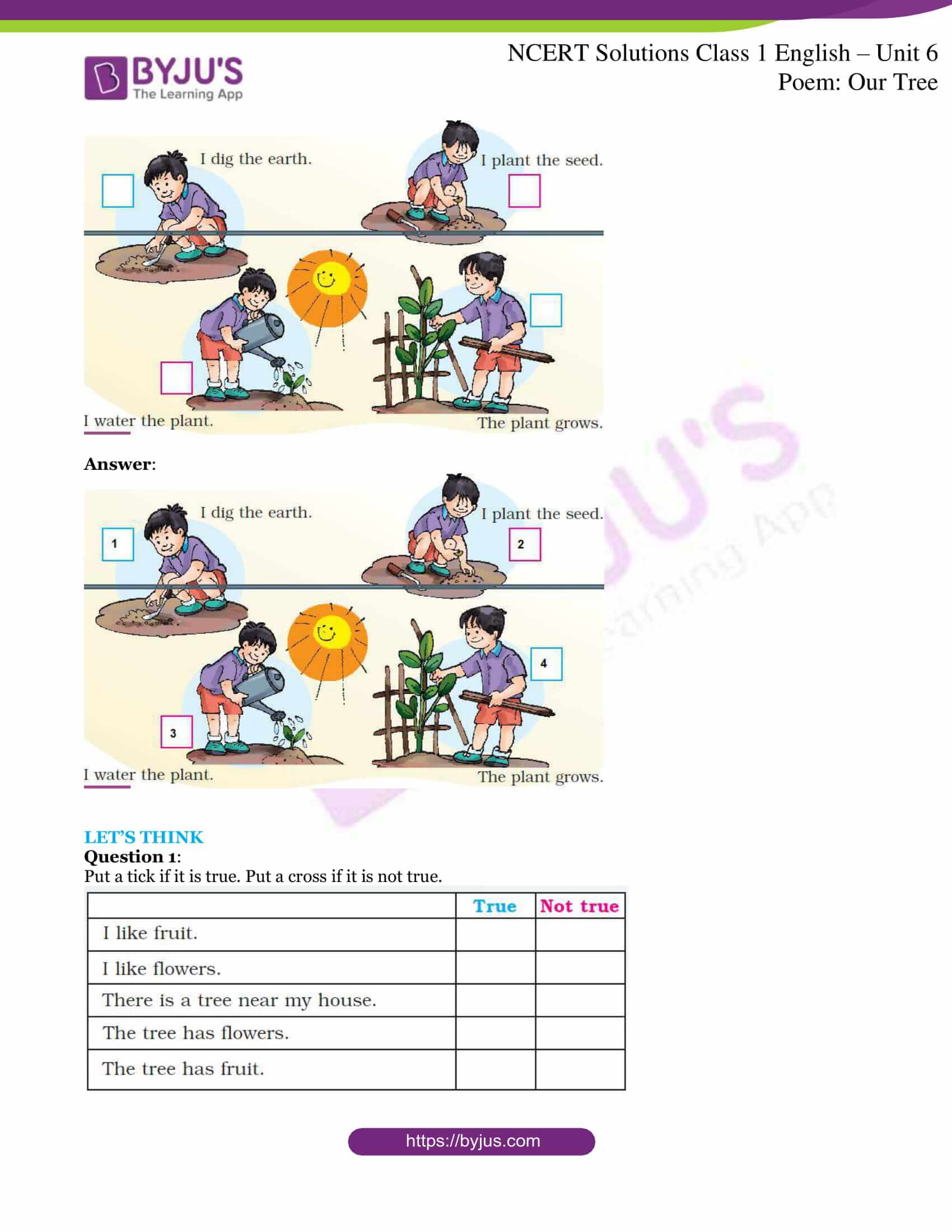 NCERT Solutions for Class 1 English Unit 6 Poem Our Tree Download PDF