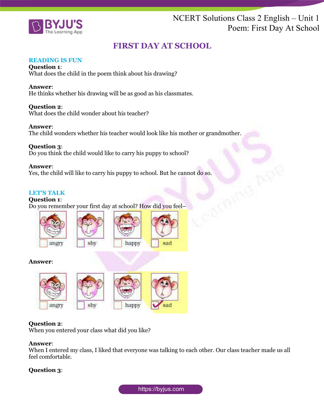ncert solution class 2 eng unit 1 Poem First Day At School ncert solution class 2 eng unit 1 Poem First Day At School