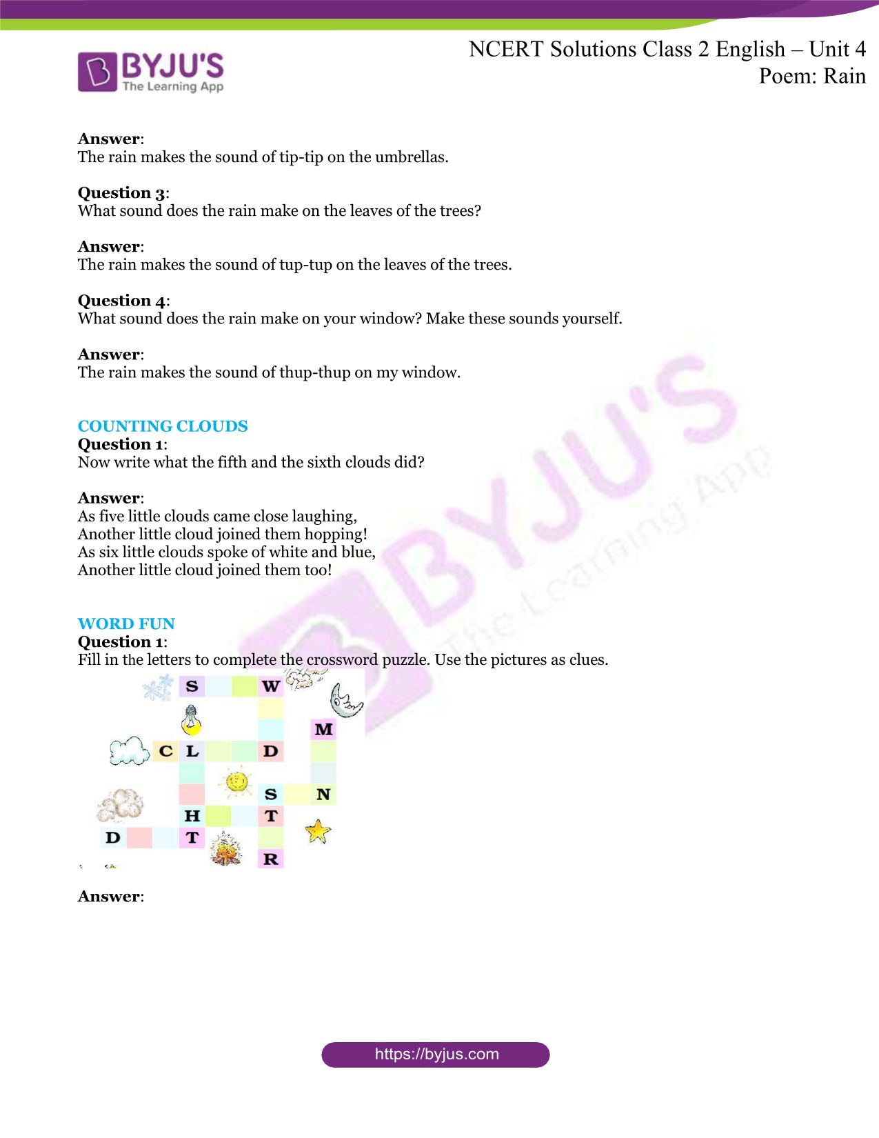 NCERT Solutions for Class 2 English Unit 4 Poem Rain ...