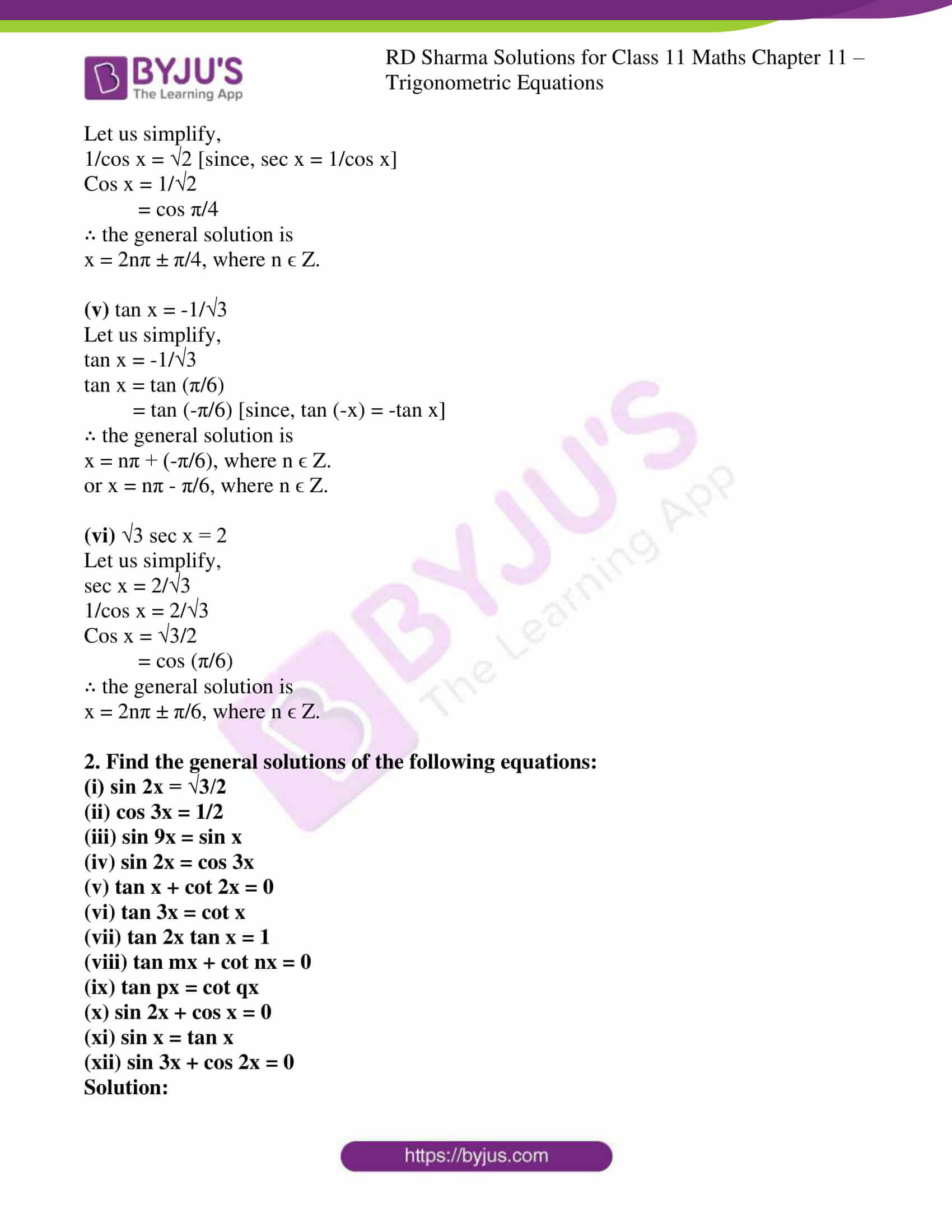 Rd Sharma Solutions For Class 11 Maths Updated 21 22 Chapter 11 Trigonometric Equations Download Free Pdf