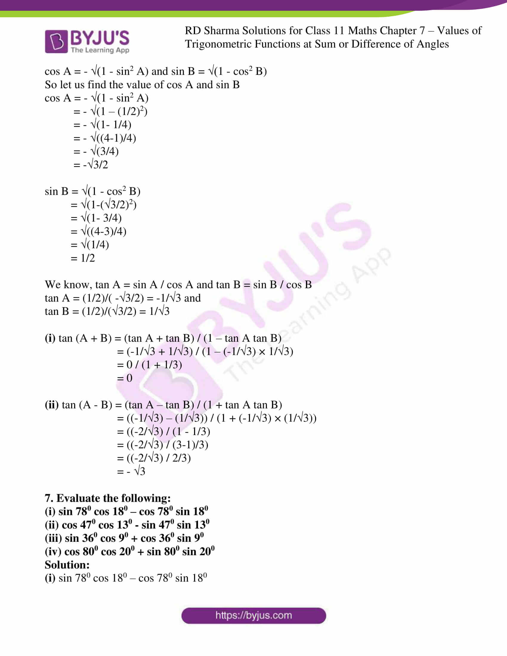 Rd Sharma Solutions For Class 11 Chapter 7 Values Of Trigonometric Functions At Sum Or Difference Of Angles Download Free Pdf