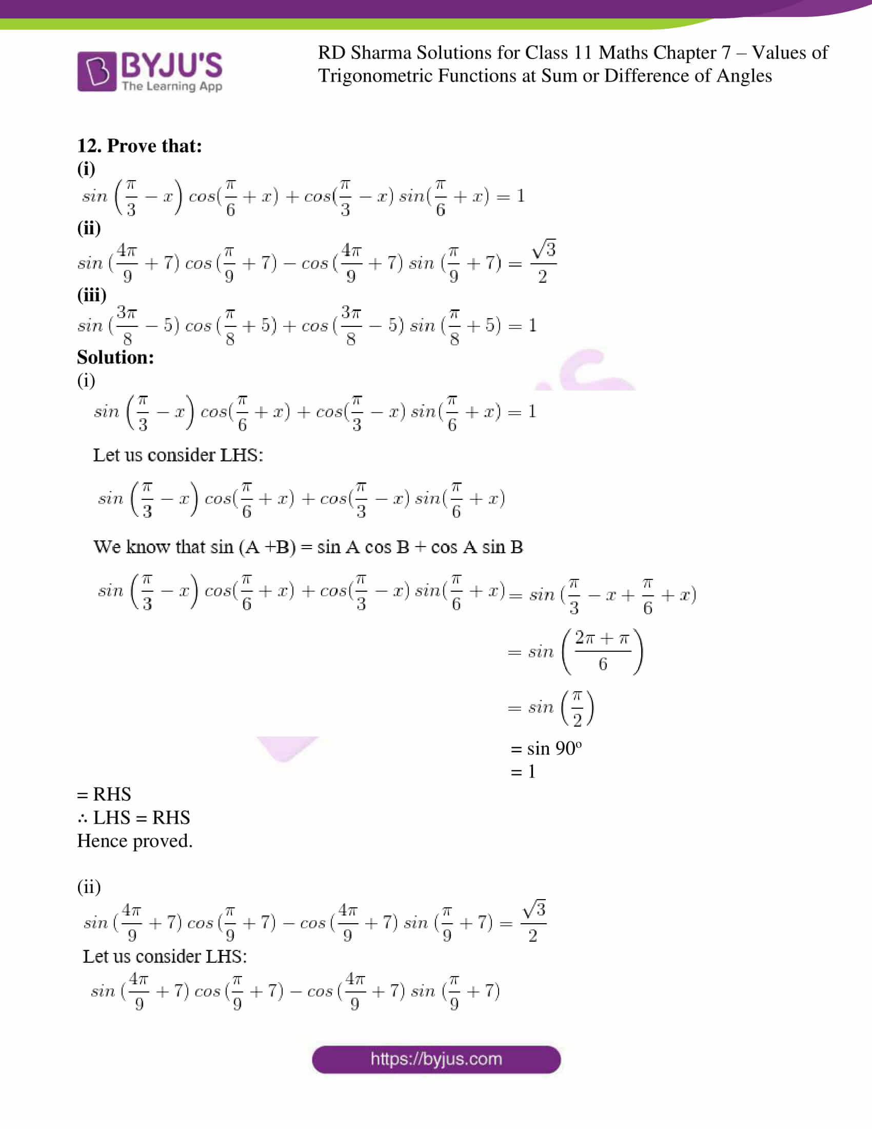 Rd Sharma Solutions For Class 11 Chapter 7 Values Of Trigonometric Functions At Sum Or Difference Of Angles