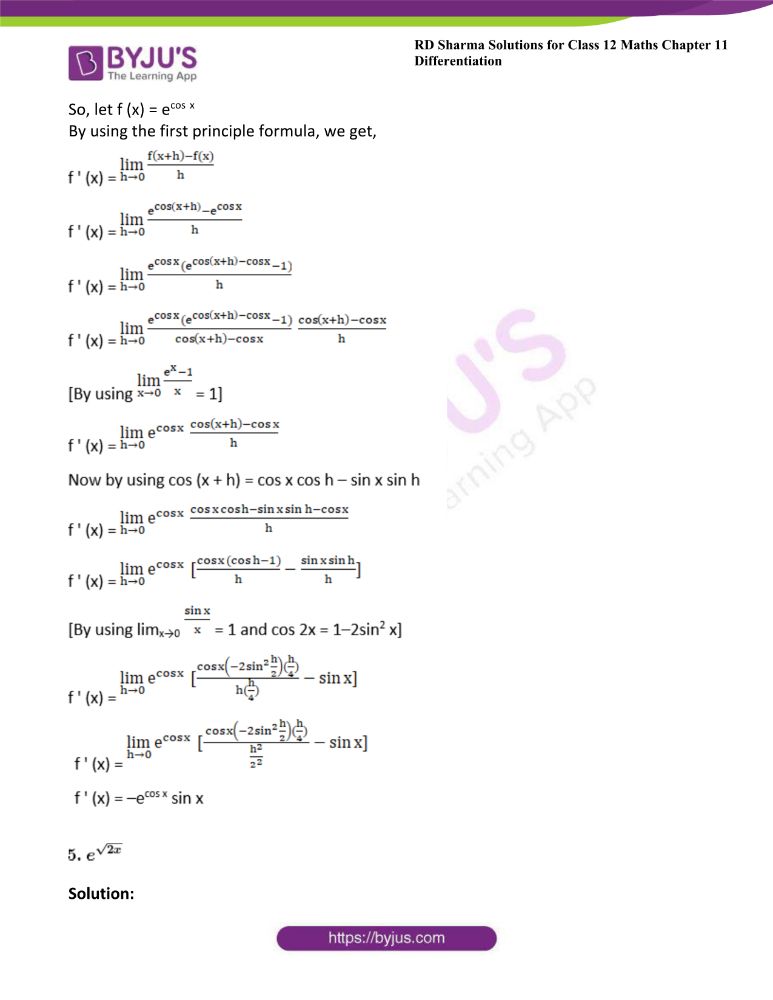 Rd Sharma Solutions For Class 12 Maths Chapter 11 Differentiation Download Free Pdf