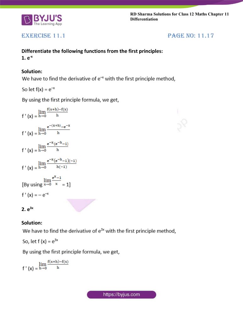 RD Sharma Class 12 Maths Solutions Chapter 11 Differentiation Exercise 11.1