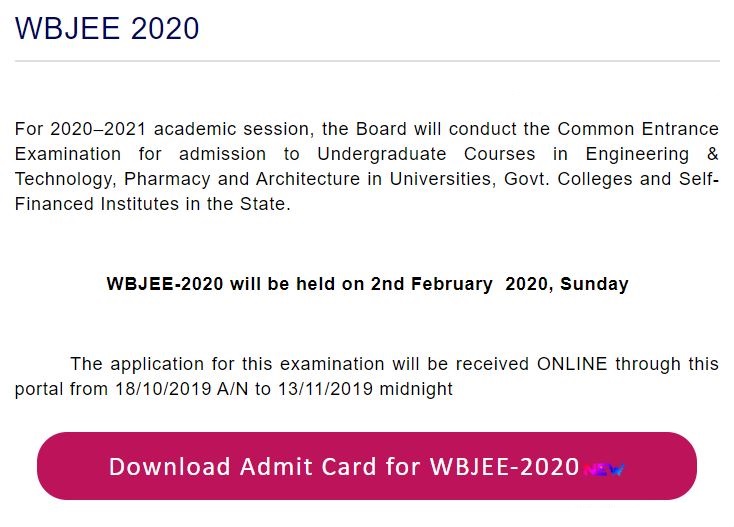 West Bengal Joint Entrance Exam Admit Card Release