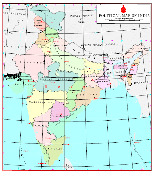 Political Map of India with UT of Jammu and Kashmir and UT of Ladakh