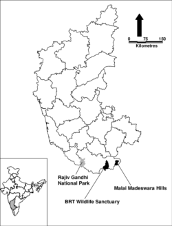 Malai Madeswara Hills, BRT Sanctuary and Rajiv Gandhi National Park in map of Karnataka