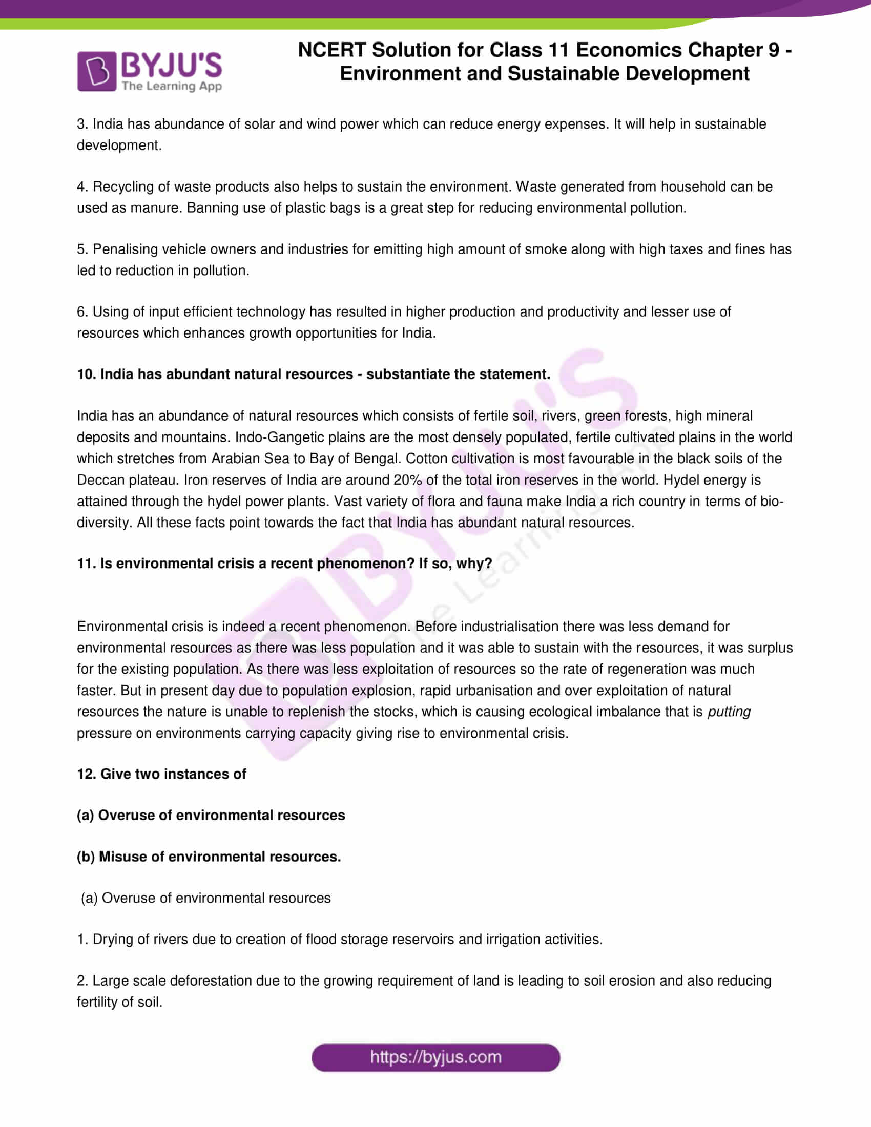 NCERT Solution For Class 11 Economics Chapter 9 Environment And