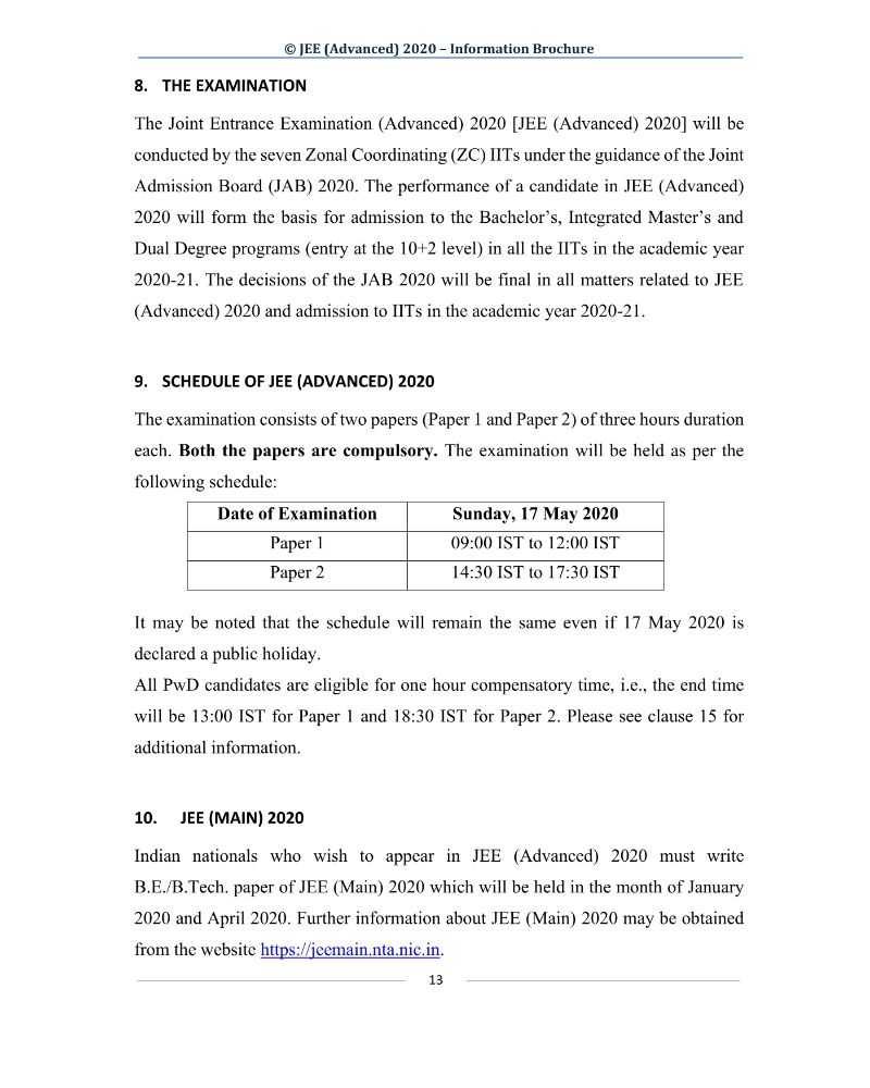 JEE Advanced 2020 Information Brochure Released by IIT Delhi