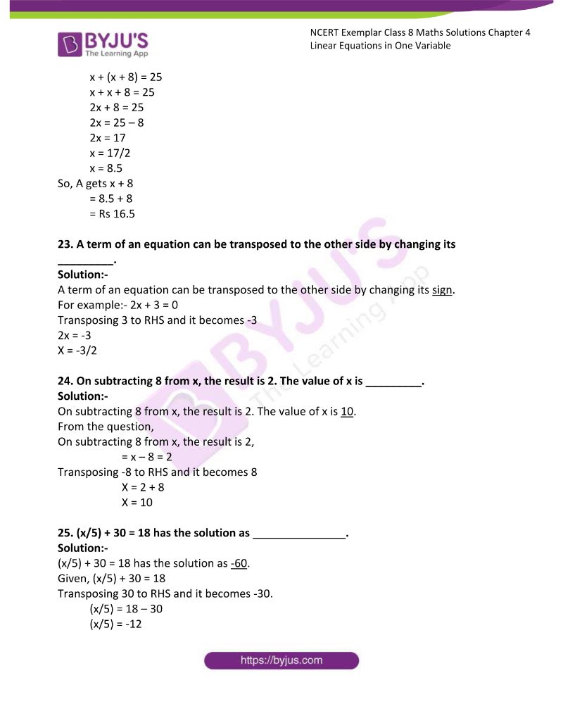 linear equations in one variable class 8 questions and answers