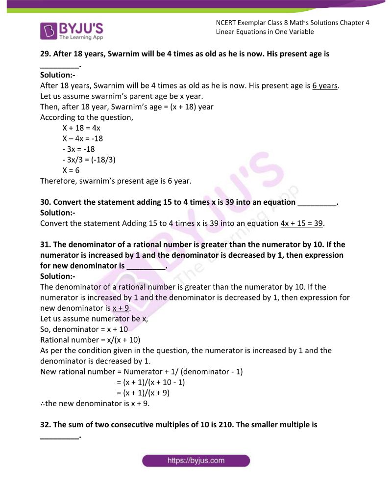 NCERT Exemplar Class 8 Maths Solutions Chapter 4 Linear Equations in One Variable 8