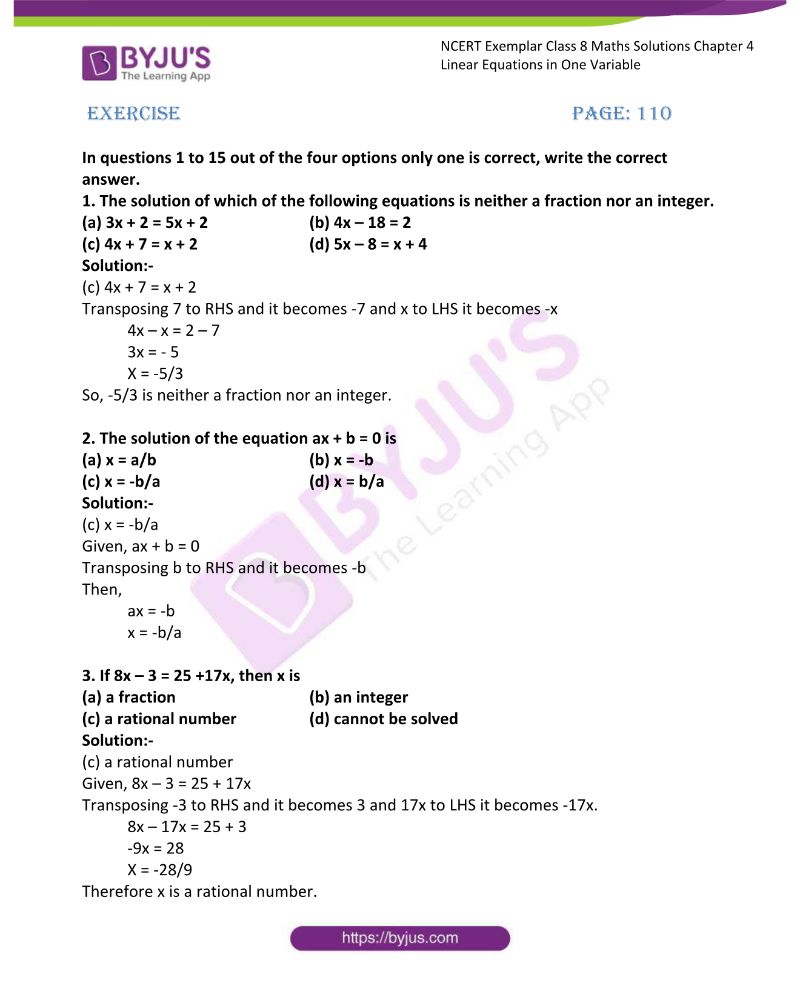 8th class maths linear equations in one variable notes pdf