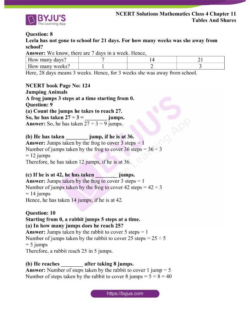 NCERT Solutions Class 4 Maths Chapter 11 Tables and Shares Get Free PDFs