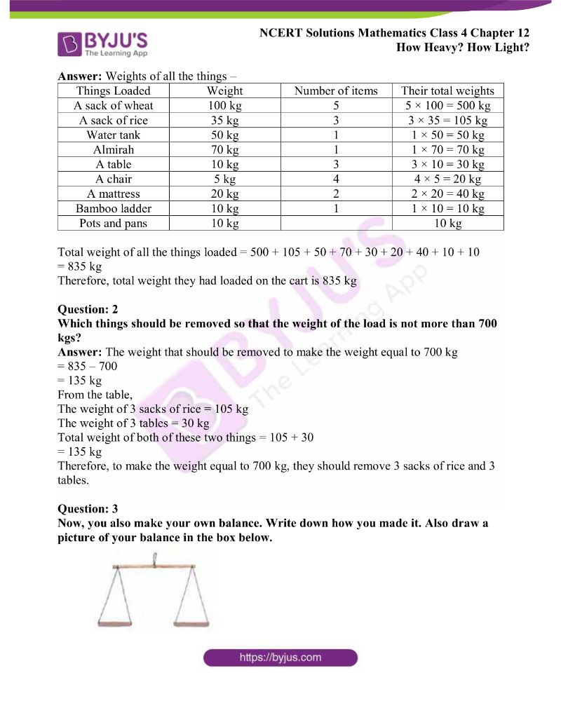 NCERT Solutions Class 4 Maths Chapter 12 How Heavy? How Light? Free Download