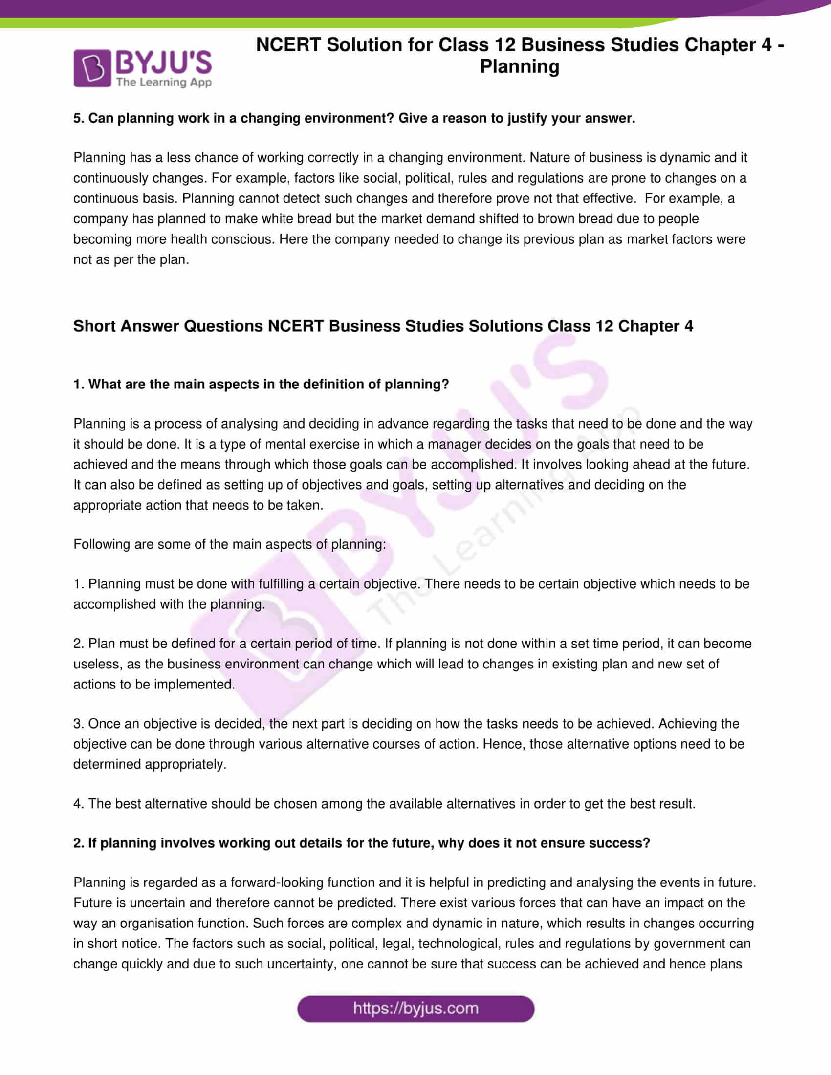 NCERT Solution For Class 12 Business Studies Chapter 4 Planning Download PDF