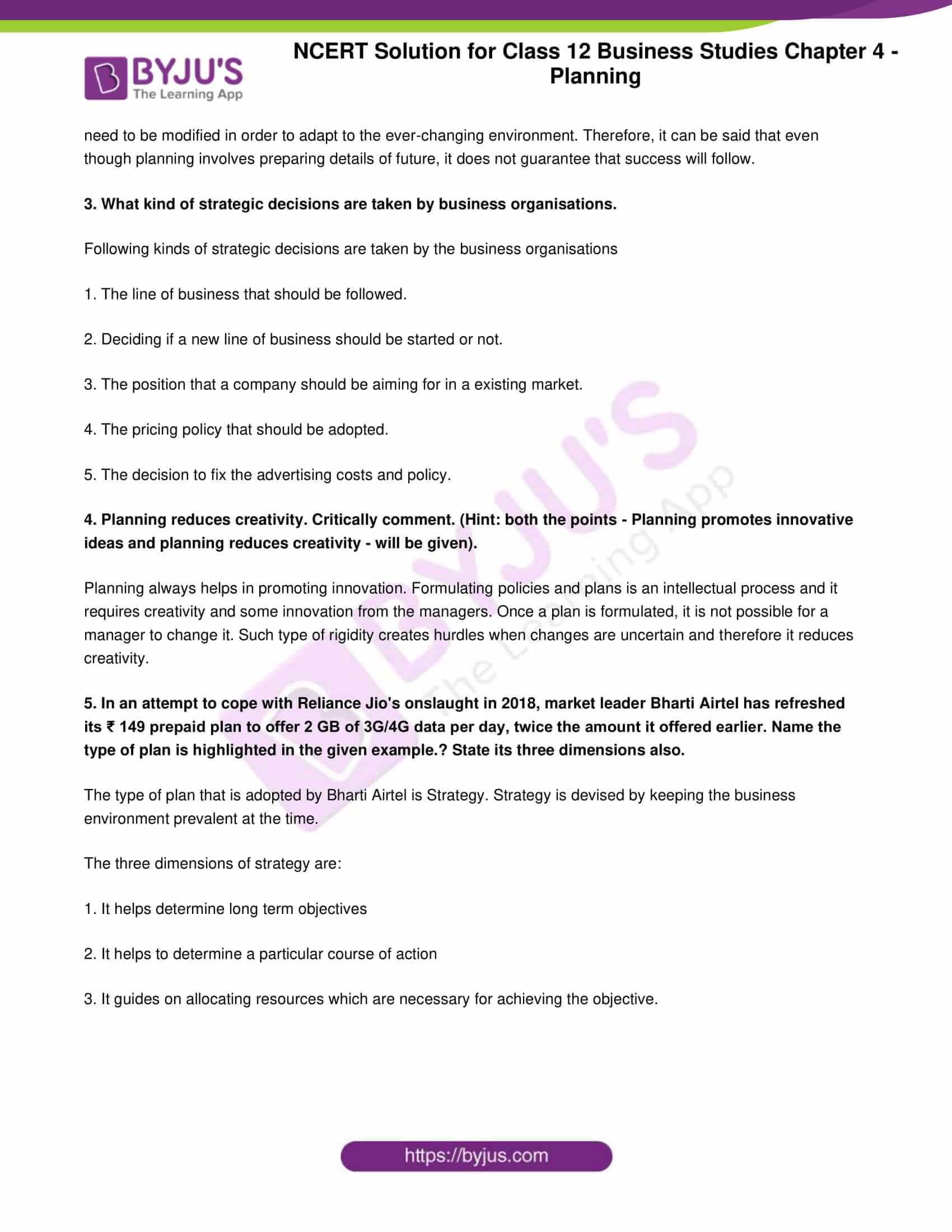 NCERT Solution For Class 12 Business Studies Chapter 4 Planning Download PDF
