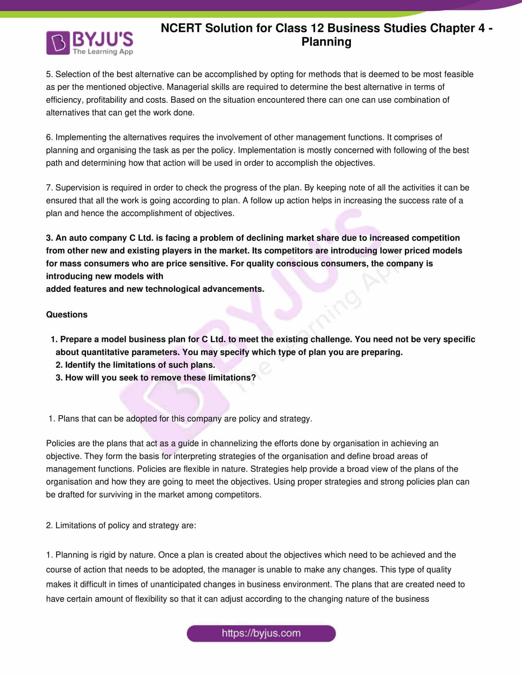 NCERT Solution For Class 12 Business Studies Chapter 4 Planning Download PDF