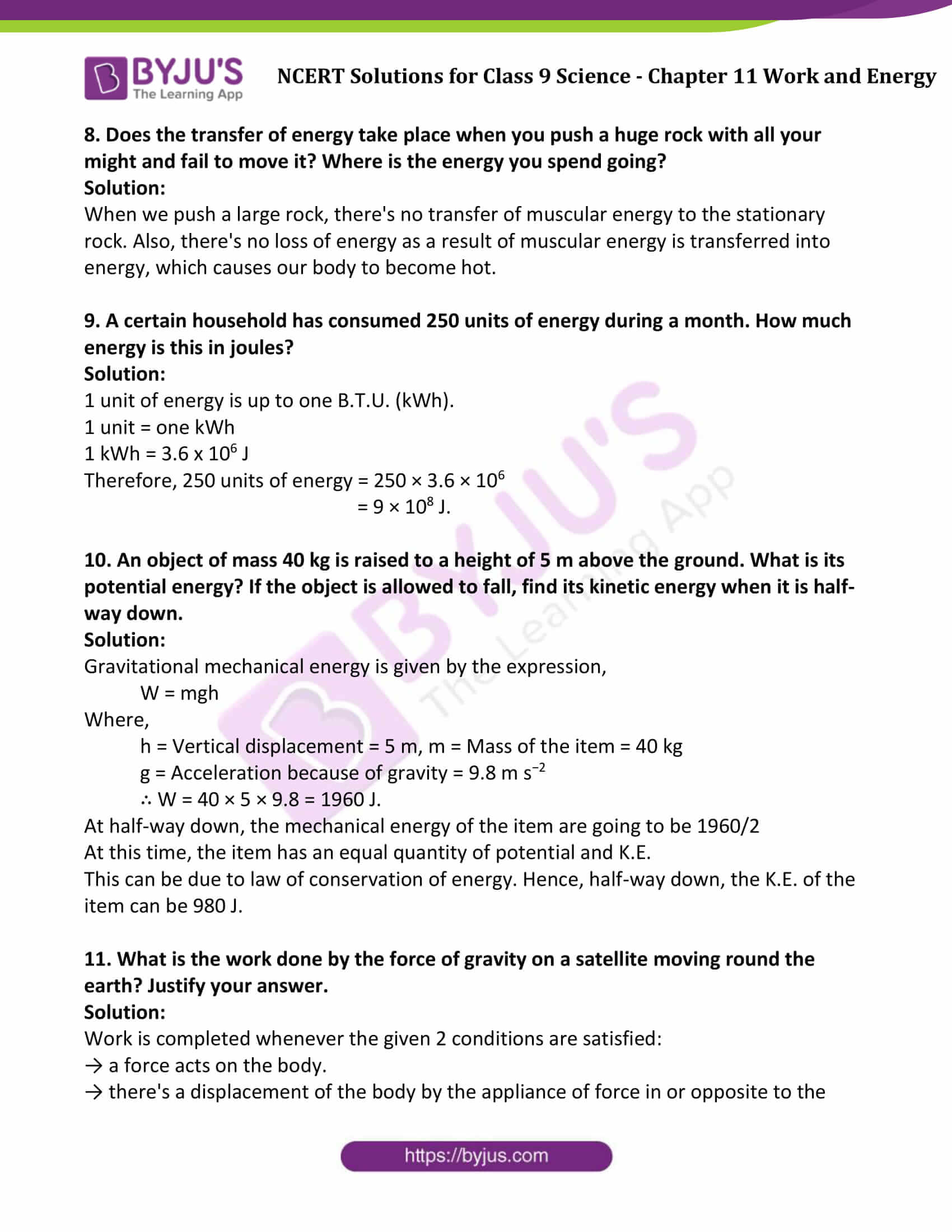 Work And Energy Class 9 Solved Numericals Pdf NCERT Solutions Class 9 Science Chapter 11 Work And Energy - Updated