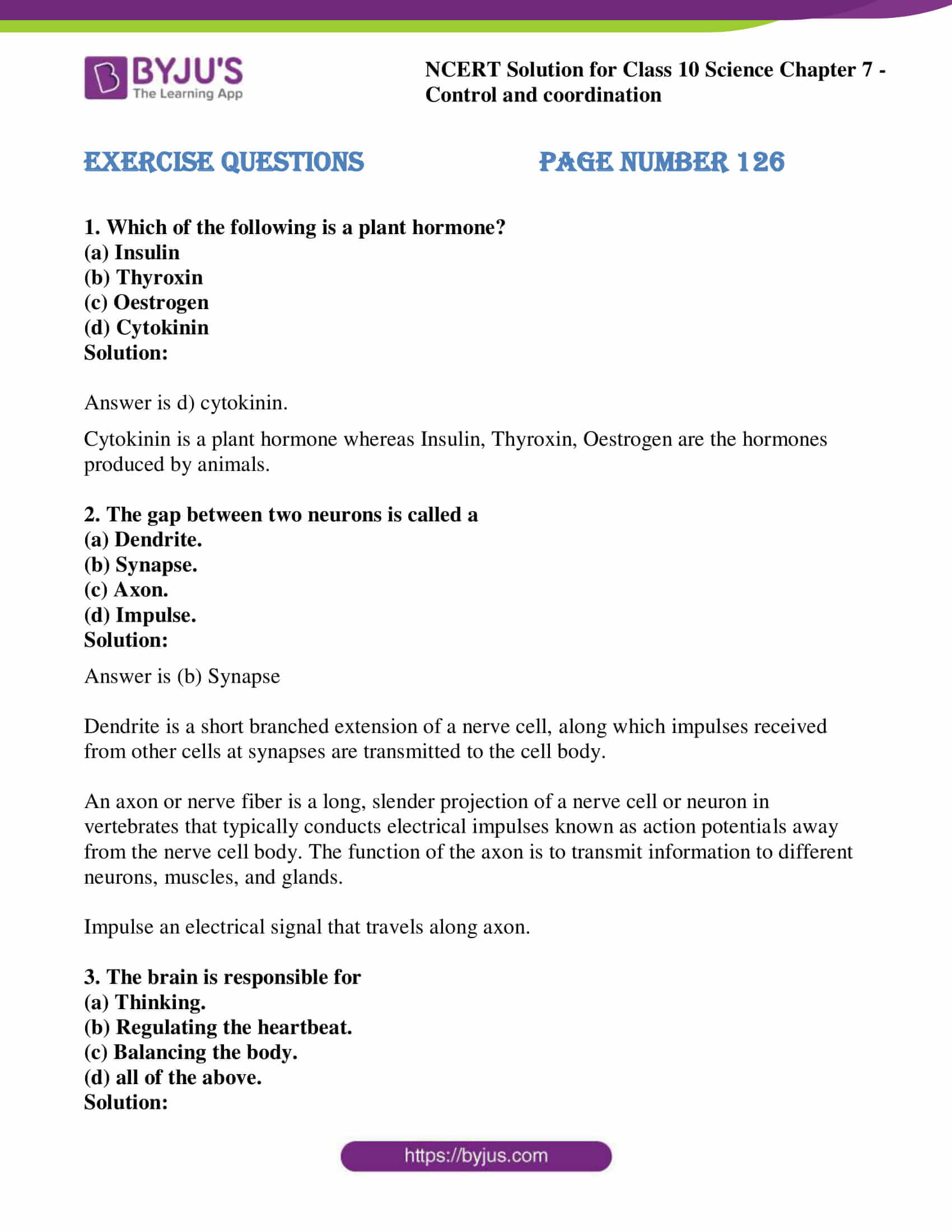 NCERT Solutions for Class 10 Science Chapter 7 Control And Coordination