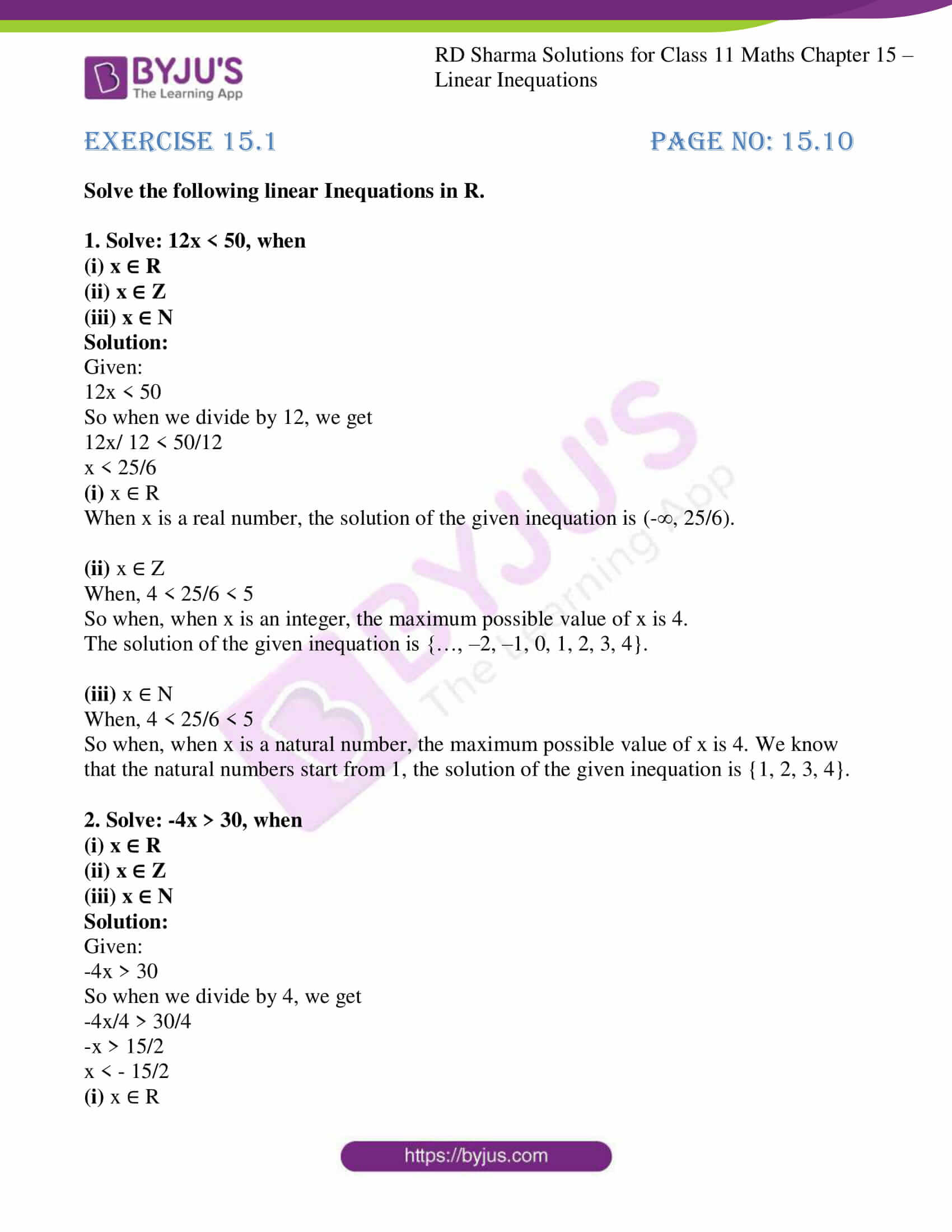 RD Sharma Solutions For Class 11 Chapter 15 Linear Inequations