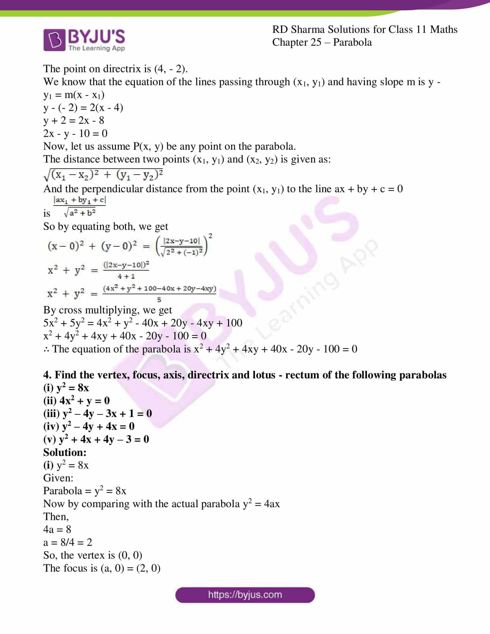 Rd Sharma Class 11 Solutions Maths Chapter 25 Parabola