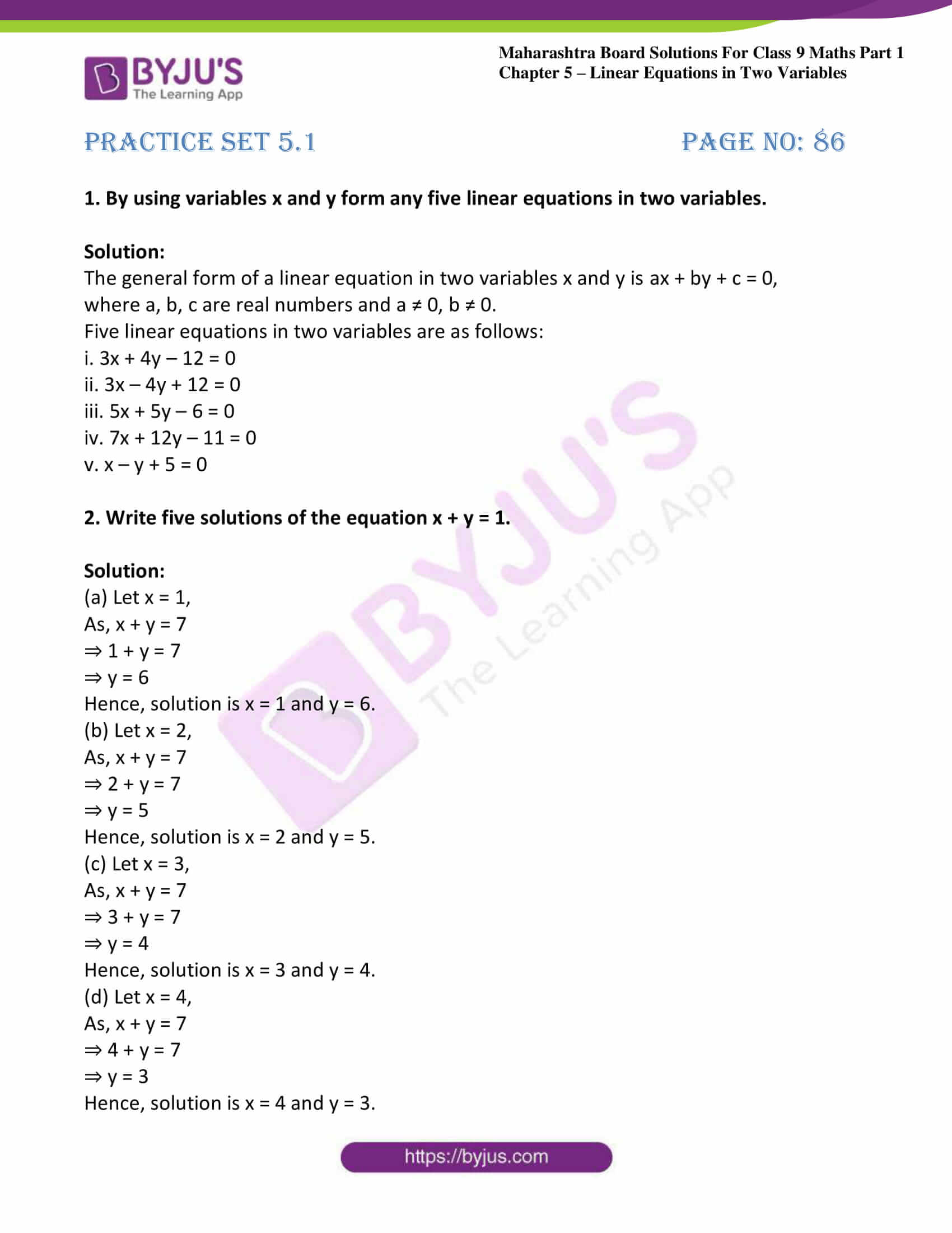 Msbshse Solutions For Class 9 Maths Part 1 Chapter 5 Linear Equations In Two Variables