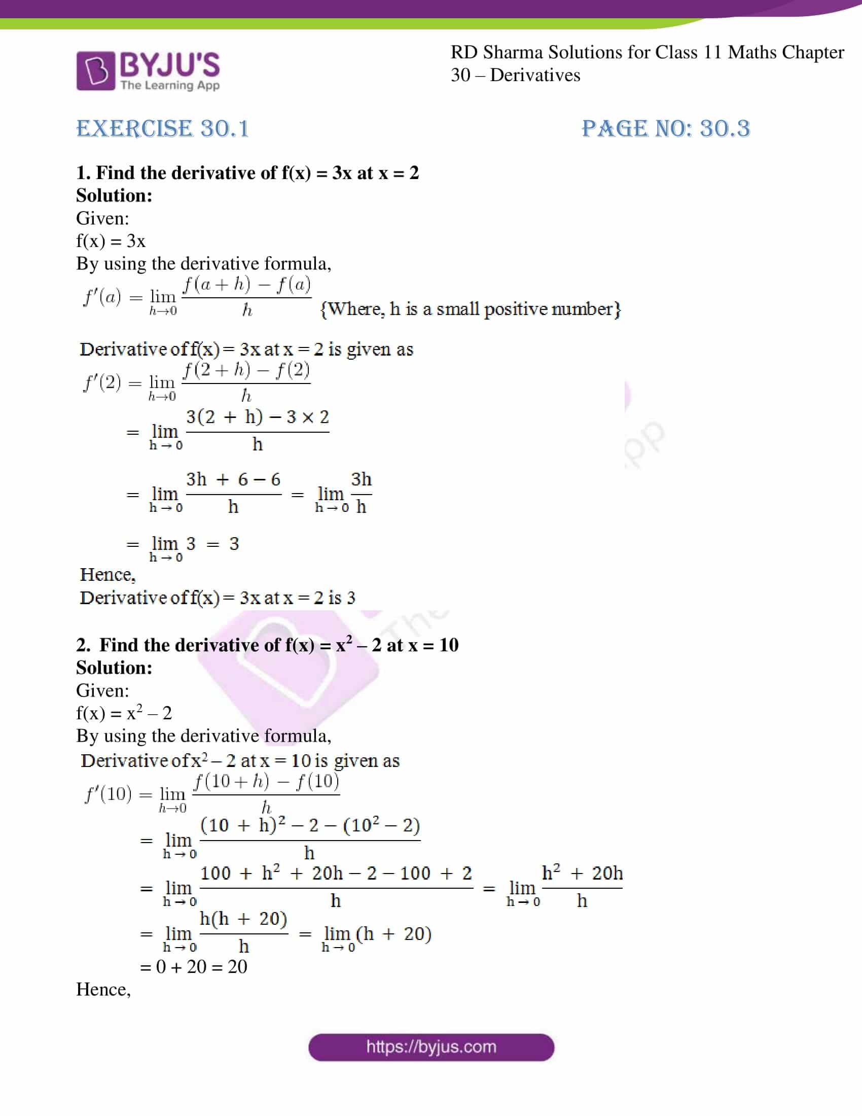 Rd Sharma Solutions For Class 11 Chapter 30 Derivatives Download Free Pdf Available