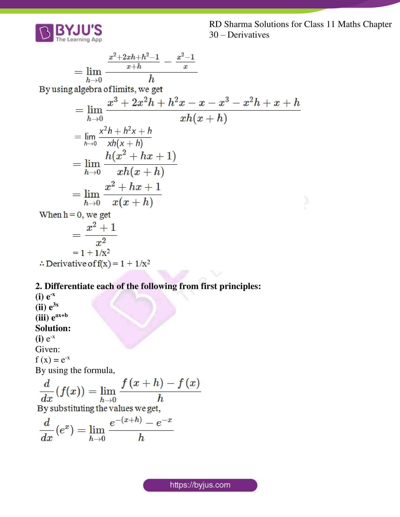 Rd Sharma Solutions For Class 11 Maths Updated For 21 22 Chapter 30 Derivatives Download Free Pdf