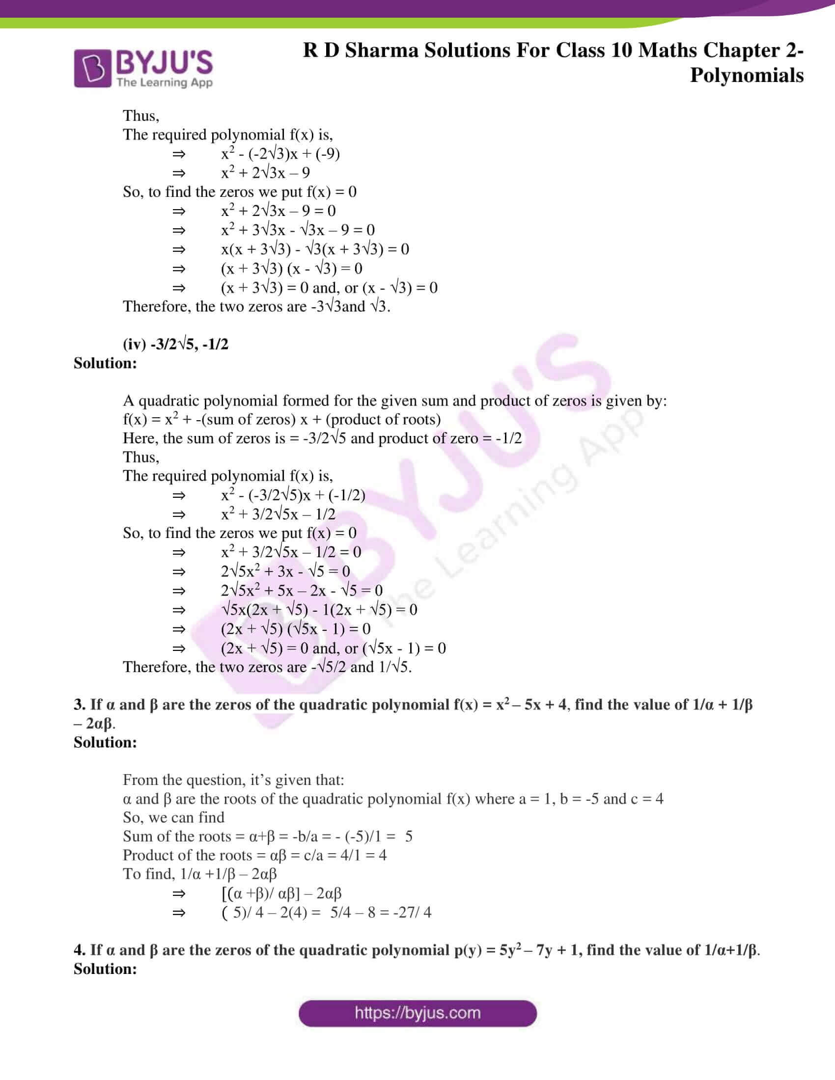 Rd Sharma Class 10 Solutions Maths Chapter 2 Polynomials Exercise 2 1