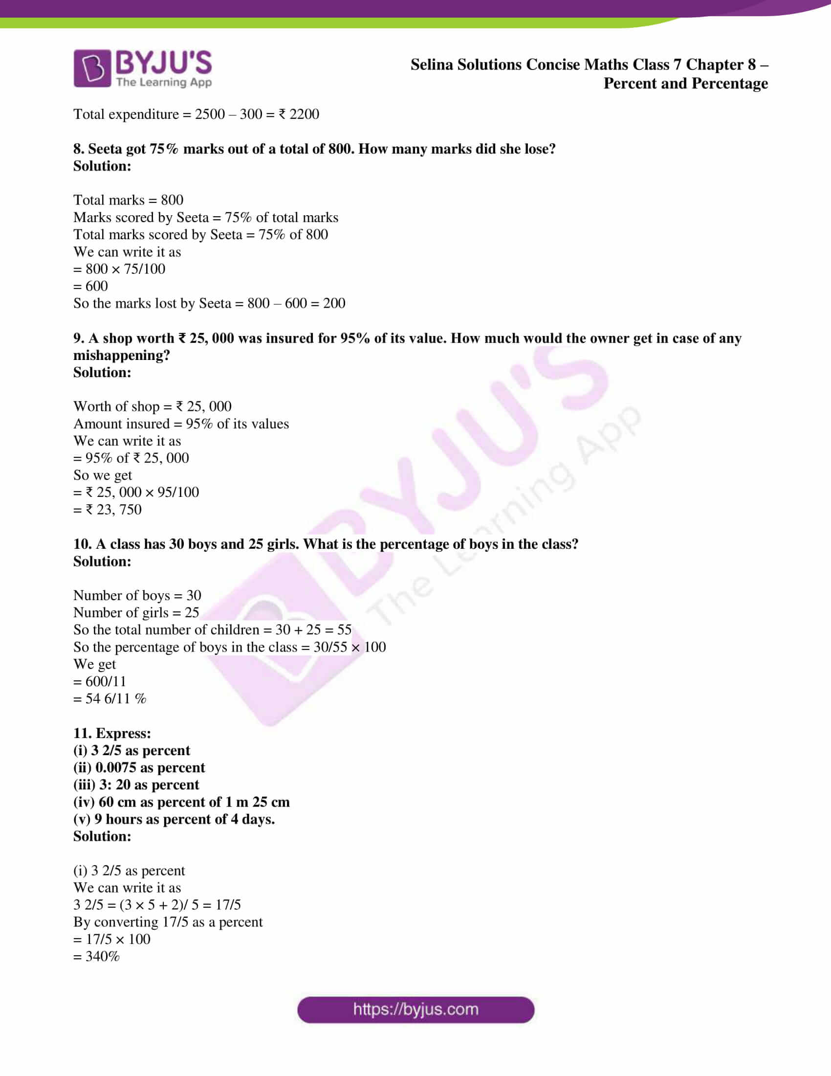 Selina Solutions Concise Maths Class 7 Chapter 8 Percent And Percentage 