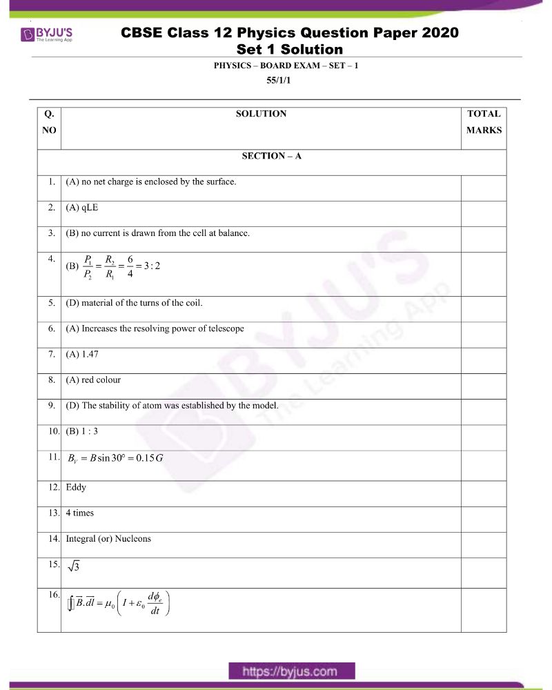 CBSE Class 12 Physics Question Paper Solutions 2020 ...