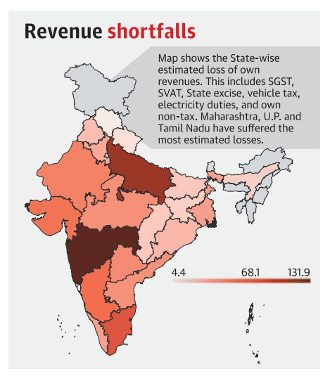 Indian Map with states showing revenue shortfalls