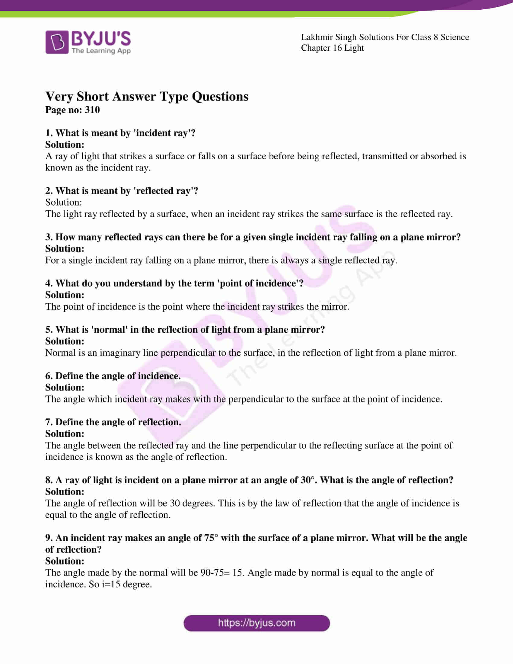 Lakhmir Singh Science Class 8 Solutions for Chapter 16 Light - Free PDF