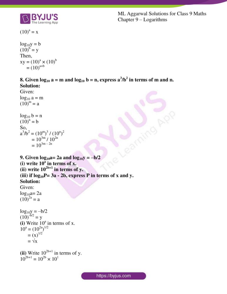 ML Aggarwal Solutions for Class 9 Chapter 9 - Logarithms get free pdf