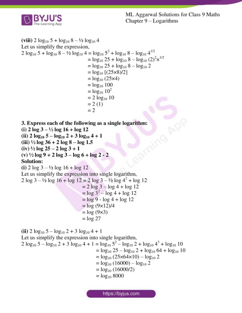 ML Aggarwal Solutions for Class 9 Chapter 9 - Logarithms get free pdf