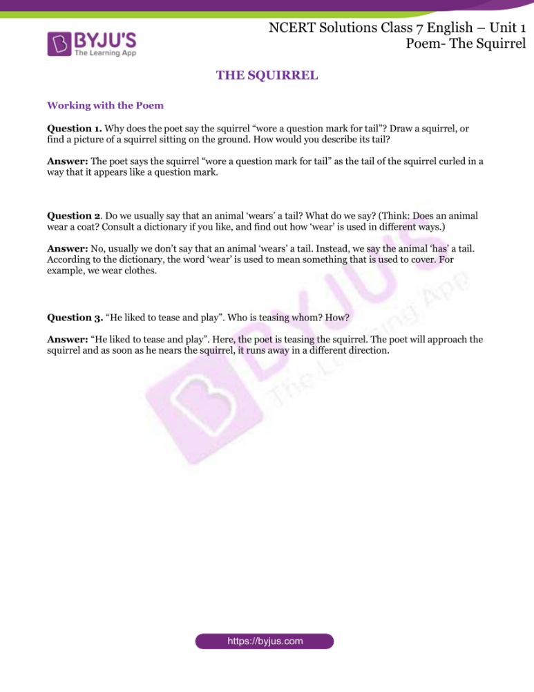 NCERT Solutions for Class 7 English Unit 1 Poem The Squirrel - Download PDF NCERT Solutions for Class 7 English Unit 1 Poem The Squirrel - Download PDF