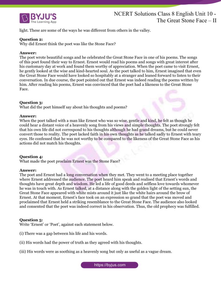 Ncert solutions for class 8 english unit 10 the great stone face ii