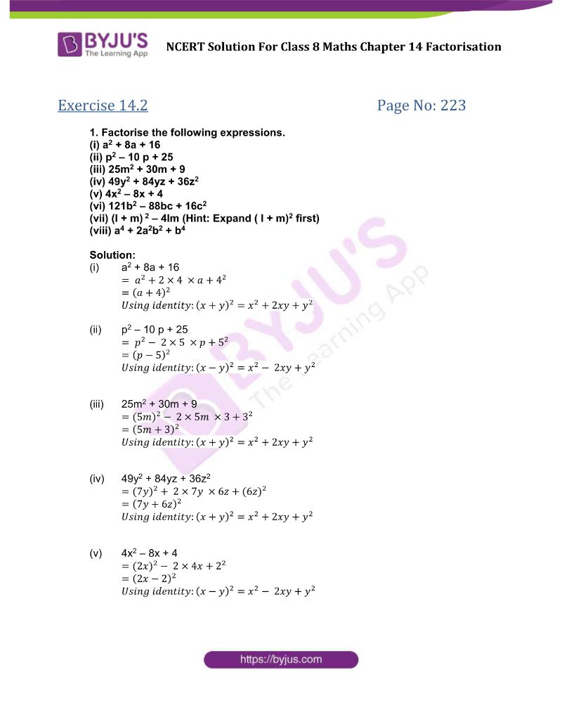 NCERT Solutions for Class 8 Maths Exercise 14.2 Chapter 14 factorisation